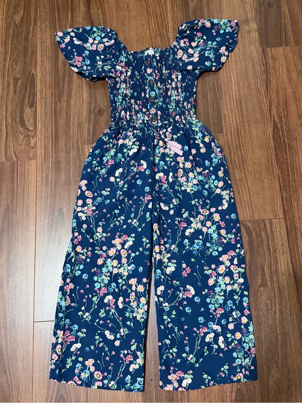 Navy Floral Off-Shoulder One-Piece Romper for Girls
